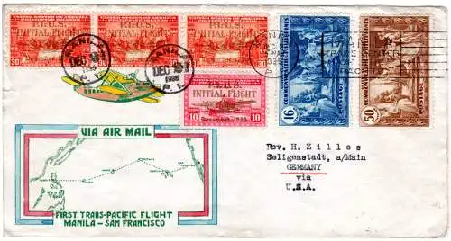 Philippinen 1935, 6 Marken auf Trans-Pacific Erstflug Brief v. Manila 