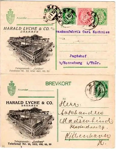 Norwegen, 2 gebr. Ganzsachen v. Drammen m. bebilderter Reklame H. Lyche & Co.