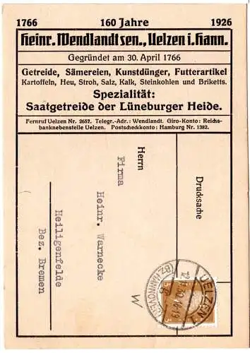 DR 1930, 3 Pf. m. perfin auf H. Wendland sen. Firmenkarte v. Uelzen