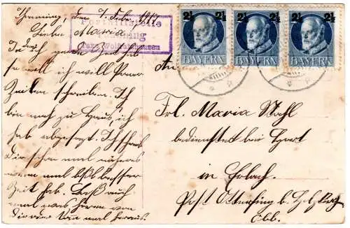 Bayern 1917, Posthilfstelle THANNING Taxe Wolfratshausen auf Karte m. 3x2 1/2 Pf