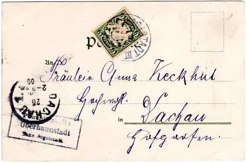 Bayern 1900, Posthilfstelle OBERHAUNSTADT Taxe Ingolstadt auf Karte m. 5 Pf.