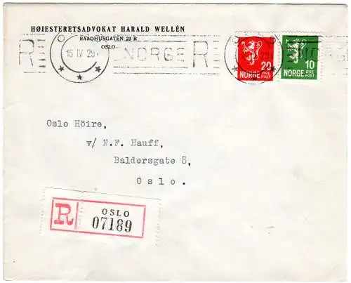 Norwegen 1929, OSLO NORGE R Einschreiben Maschinen Stpl. auf Ortsbrief m. 30 öre