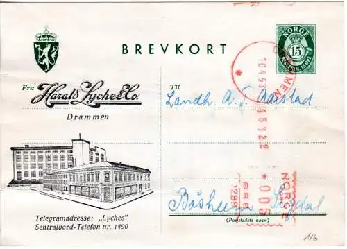 Norwegen 1953, 5 öre Maschinenfreistpl. auf 10 öre Ganzsachenkarte v. Drammen