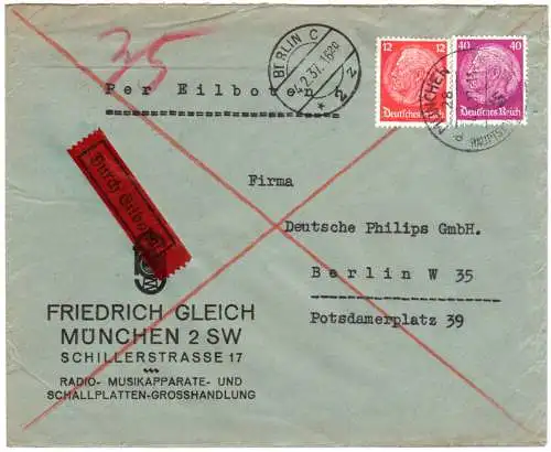 DR 1937, 12+40 Pf. auf Firmen Eilboten Brief v. München n. Berlin
