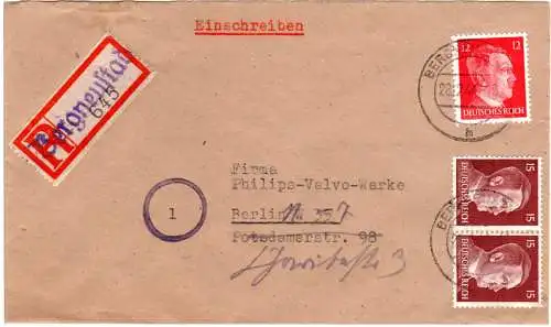 DR 1944, 12+2x15 Pf. auf Brief m. eingestempeltem Reko-Zettel v. Bergneustadt