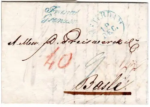 NL 1832, K1 Amsterdam u. L2 Franco Grenzen je in blau auf Brief i.d. Schweiz