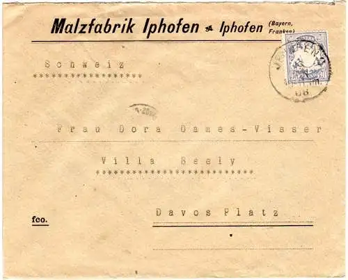 Bayern 1908, 20 Pf. auf Malzfabrik Firmenbrief v. Iphofen i.d. Schweiz