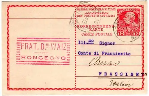 Österreich 1910, Trentino-K2 RONCEGNO auf 10 H. Ganzsache n. Italien.