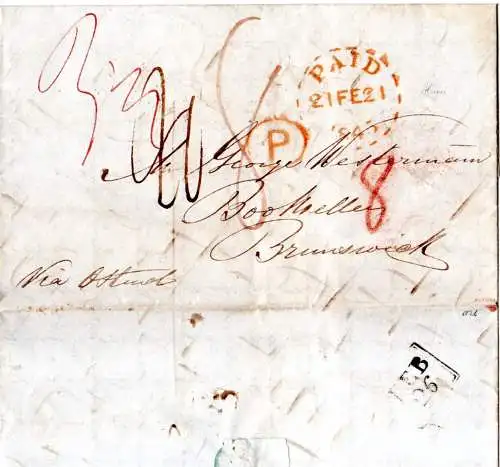 GB 1845, Porto Brief v. London n. Braunschweig m. rotem PAID u. weiteren Stpln.