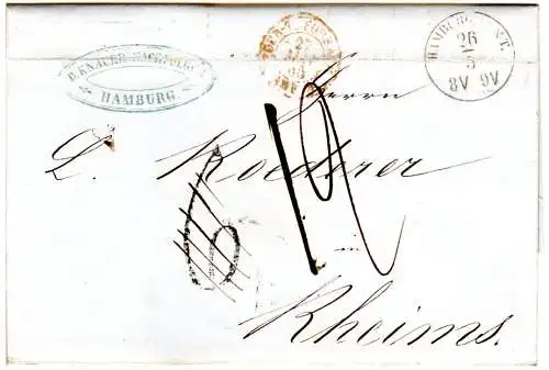 Hamburg 1865, K1 HAMBURG T&T auf Brief m. korrigiertem Porto n. Frankreich