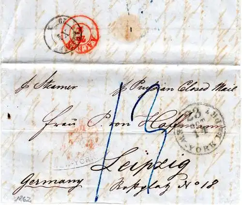 USA 1862, Prussian Closed Mail Transatlantikbrief v. New York n. Sachsen