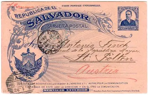 El Salvador 1897, 3 C. Ganzsache v. San Salvador n. St. Pölten Österreich