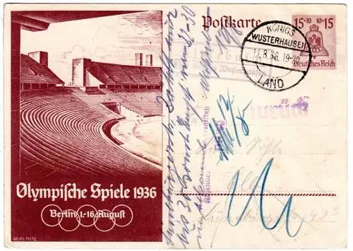 DR 1936, Landpost Stpl. KIEKEBUSCH über Königs Wusterhausen auf Olympia Ganzs.