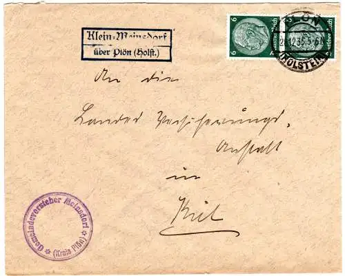 DR 1936, Landpost Stpl. KLEIN-MEINSDORF über Plön auf Brief m. 2x6 Pf.