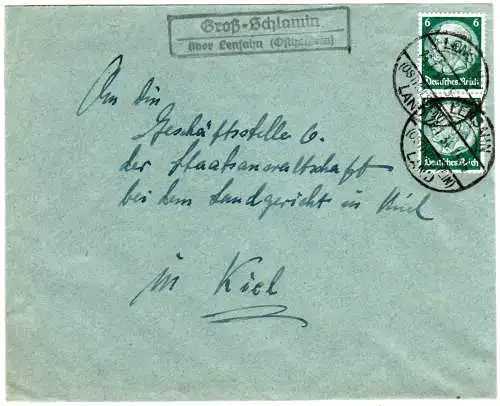DR 1934, Landpost Stpl. GROSS-SCHLAMIN über Lensahn auf Brief m. 2x6 Pf.