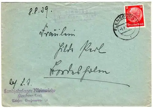 DR 1939, Landpost Stpl. KLEINWIEHE über Flensburg auf Landjahrlager Brief