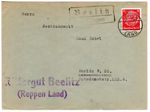 DR 1936, Landpost Stpl. BEELITZ über Reppen auf Brief v. Rittergut m. 12 Pf.