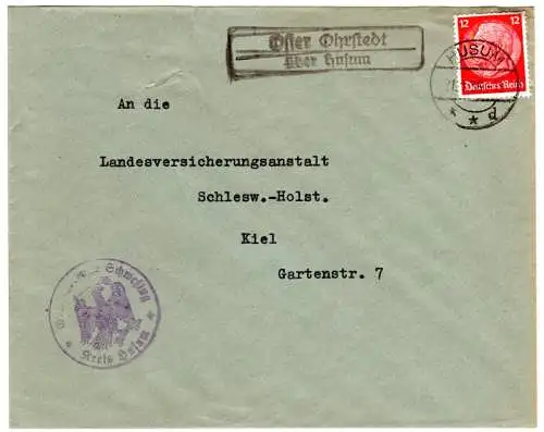 DR 1936, Landpost Stpl. OSTER OHRSTEDT über Husum auf Amtsbrief aus Schwesing 