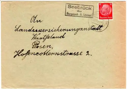 DR 1941 Landpost Stpl. SEEBRÜCK über Burgstadt (Kr. Schrimm) auf Brief m. 12. Pf