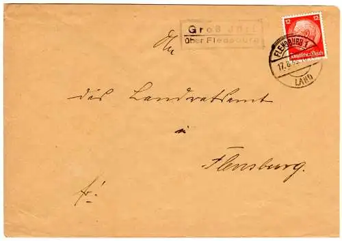 DR 1933, Landpost Stpl. GROSS JÖRL über Flensburg auf Brief m. 12. Pf.