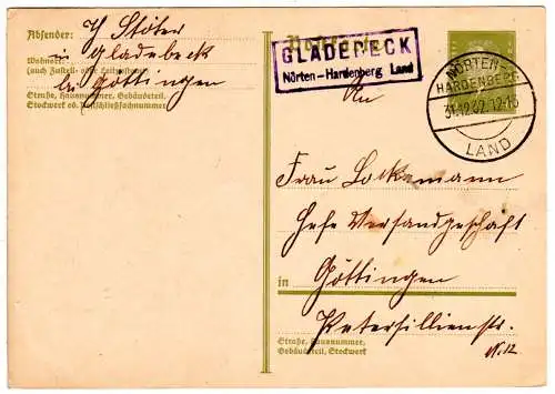 DR 1932, Landpost Stpl. GLADEBECK Nörten-Hardenberg Land auf 6 Pf. Ganzsache