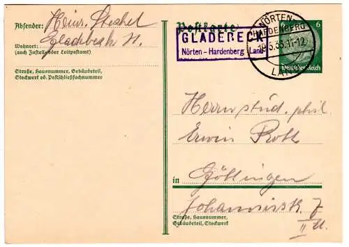 DR 1933, Landpost Stpl. GLADEBECK Nörten-Hardenberg Land auf 6 Pf. Ganzsache