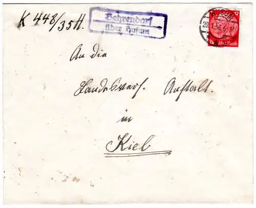 DR 1936, Landpost Stpl. BEHRENDORF über Husum auf Brief m. 12 Pf.