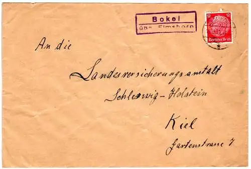 DR 1935, Landpost Stpl. BOKEL über Elmshorn auf Brief m. 12 Pf.