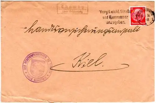 DR 1936, Landpost Stpl. THUMBY über Schleswig auf Gemeinde Brief m. 12 Pf.