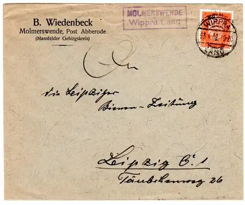 DR 1932, Landpost Stpl. MOLMERSWENDE Wippra Land auf Geschäfts-Brief m. 12 Pf.