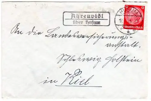 DR 1935, Landpost Stpl. AHRENVIOL über Husum auf Brief m. 12 Pf.