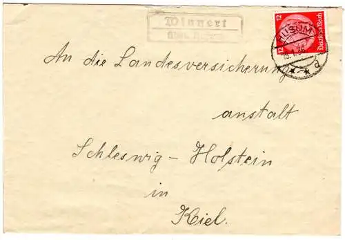 DR 1936, Landpost Stpl. WINNERT über Husum auf Brief m. 12 Pf.