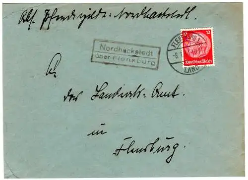 DR 1934, Landpost Stpl. NORDHACKSTEDT über Flensburg auf Brief m. 12 Pf.