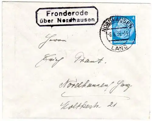 DR 1933, Landpoststpl. FRONDERODE über Nordhausen auf Drucksache Brief m. 4 Pf.