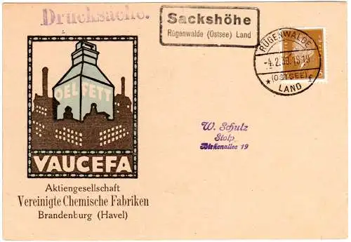 DR 1930, Landpoststpl. SACKSHÖHE Rügenwald (Ostsee) Land auf Karte m. 3 Pf.