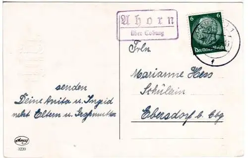 DR 1938, Landpost Stpl. AHORN über Coburg auf Karte m. 6 Pf.