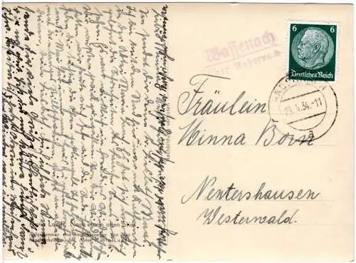 DR 1934, Landpost Stpl. WASSENACH über Andernach auf Karte m. 6 Pf.