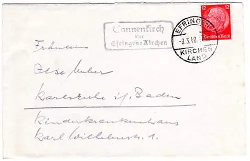 DR 1940, Landpost Stpl. TANNENKIRCH über Efringen-Kirchen auf Brief m. 12 Pf.