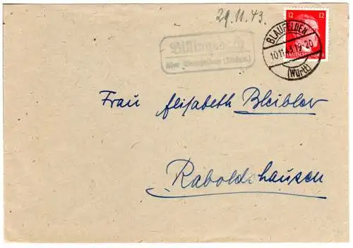 DR 1943, Landpost Stpl. BILLINGSBACH über Blaufelden (Württ) auf Brief m. 12 Pf.