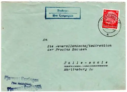 DR 1937, Landpost Stpl. BERTINGEN über Tangerhütte auf Pfarramt Brief m. 12 Pf.