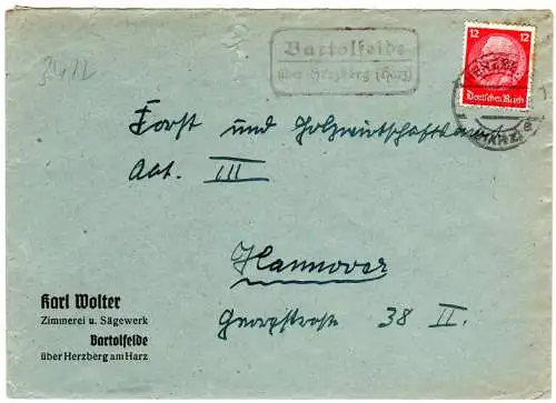 DR 1941, Landpost Stpl. BARTOLFELDE über Herzberg auf Firmen Brief m. 12 Pf.