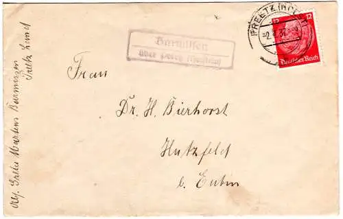 DR 1937, Landpost Stpl. BARMISSEN über Preetz auf Firmen Brief m. 12 Pf.