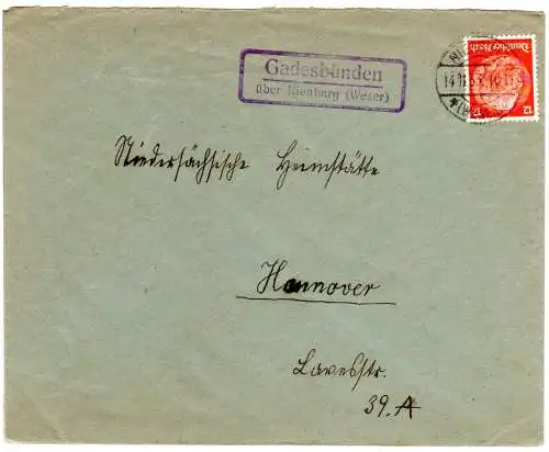 DR 1933, Landpost Stpl. GADESBÜNDEN über Nienburg (Weser) auf Brief m. 12 Pf.