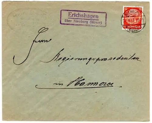 DR 1933, Landpost Stpl. ERICHSHAGEN über Nienburg (Weser) auf Brief m. 12 Pf.