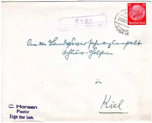 DR 1935, Landpost Stpl. ENGE über Leck (Schleswig) auf Brief m. 12 Pf.