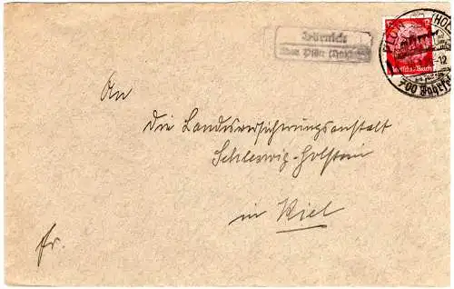 DR 1936, Landpost Stpl. DÖRNICK über Plön (Holstein) auf Brief m. 12 Pf.