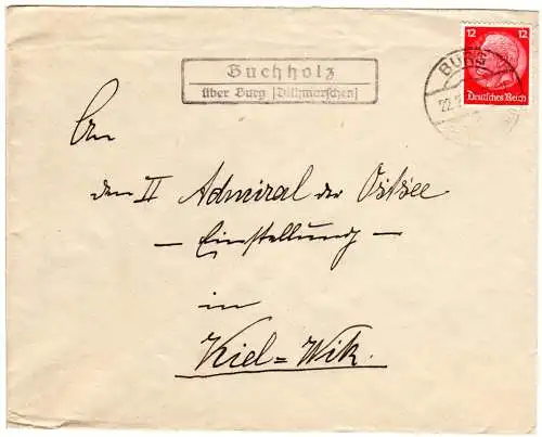 DR 1934, Landpost Stpl. BUCHHOLZ über Burg (Dithmarschen) auf Brief m. 12 Pf.