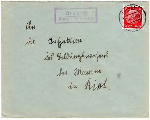 DR 1936, Landpost Stpl. BRUNNE über Nauen auf Brief m. 12 Pf.