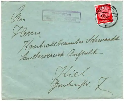 DR 1935, Landpost Stpl. BARMISSEN über Preetz (Holstein) auf Brief m. 12 Pf.