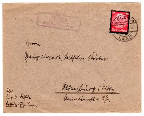 DR 1935, Landpost Stpl. BETHELN über Elze (Hannover) auf Brief m. 12 Pf.